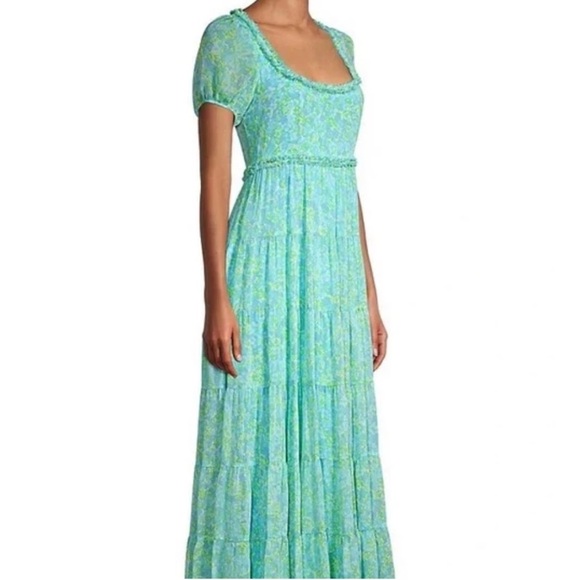 Likely Blue and Green Maxi A-Line Skirt with Smocked Tiered Design - Picture 1 of 12